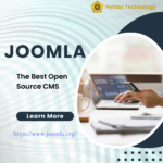 Joomla - The Best Open Source CMS, showcasing a person using a smartphone and laptop with analytics on the screen, accompanied by the Pentoz Technology logo and a call-to-action button.