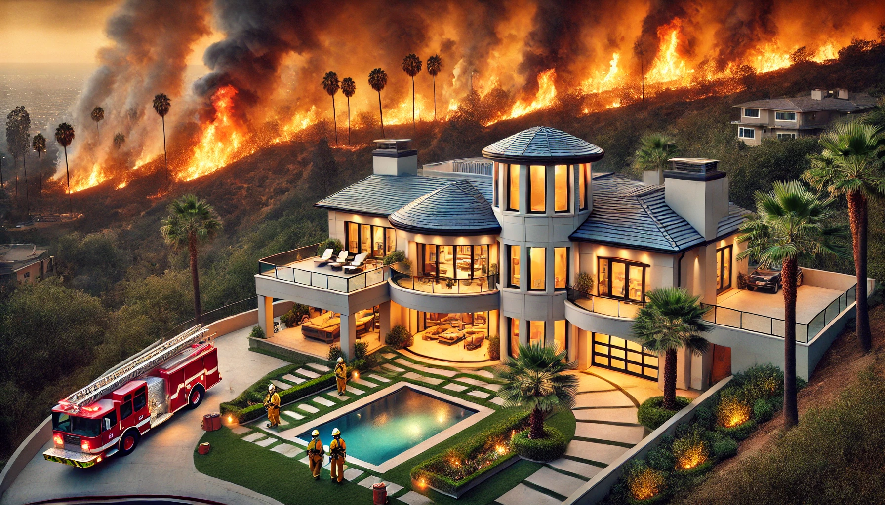 A wealthy Los Angeles mansion in the Pacific Palisades area, with wildfires burning nearby. In the foreground, a luxury home with manicured gardens and modern architecture. In the background, towering flames and thick smoke rising from a wildfire. Firefighters in protective gear working in the distance. The scene conveys a stark contrast between the calm luxury of the mansion and the fierce, chaotic firestorm. The image evokes a sense of disconnect, with a wealthy individual’s home being guarded by private firefighters while neighboring areas are under threat.