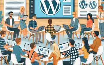 A group of people collaborating on WordPress development in a co-working space, using laptops and discussing ideas.