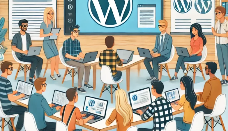 A group of people collaborating on WordPress development in a co-working space, using laptops and discussing ideas.
