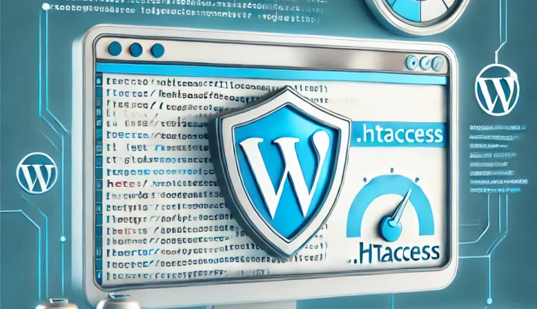 Digital illustration of a WordPress .htaccess file with code snippets, security shield, speedometer, and redirect arrows.