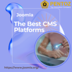 Promotional graphic for Joomla, titled 'The Best CMS Platforms,' featuring a tech-themed background, a glowing network illustration, and the Joomla logo alongside the Pentoz branding.