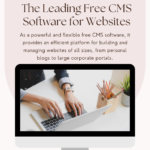 A promotional graphic for Joomla, a free CMS software, featuring the Pentoz Technology logo. The text highlights Joomla's versatility and efficiency in managing websites, suitable for personal blogs to corporate portals. An image of hands typing on a laptop, surrounded by stationery, is shown on a monitor.