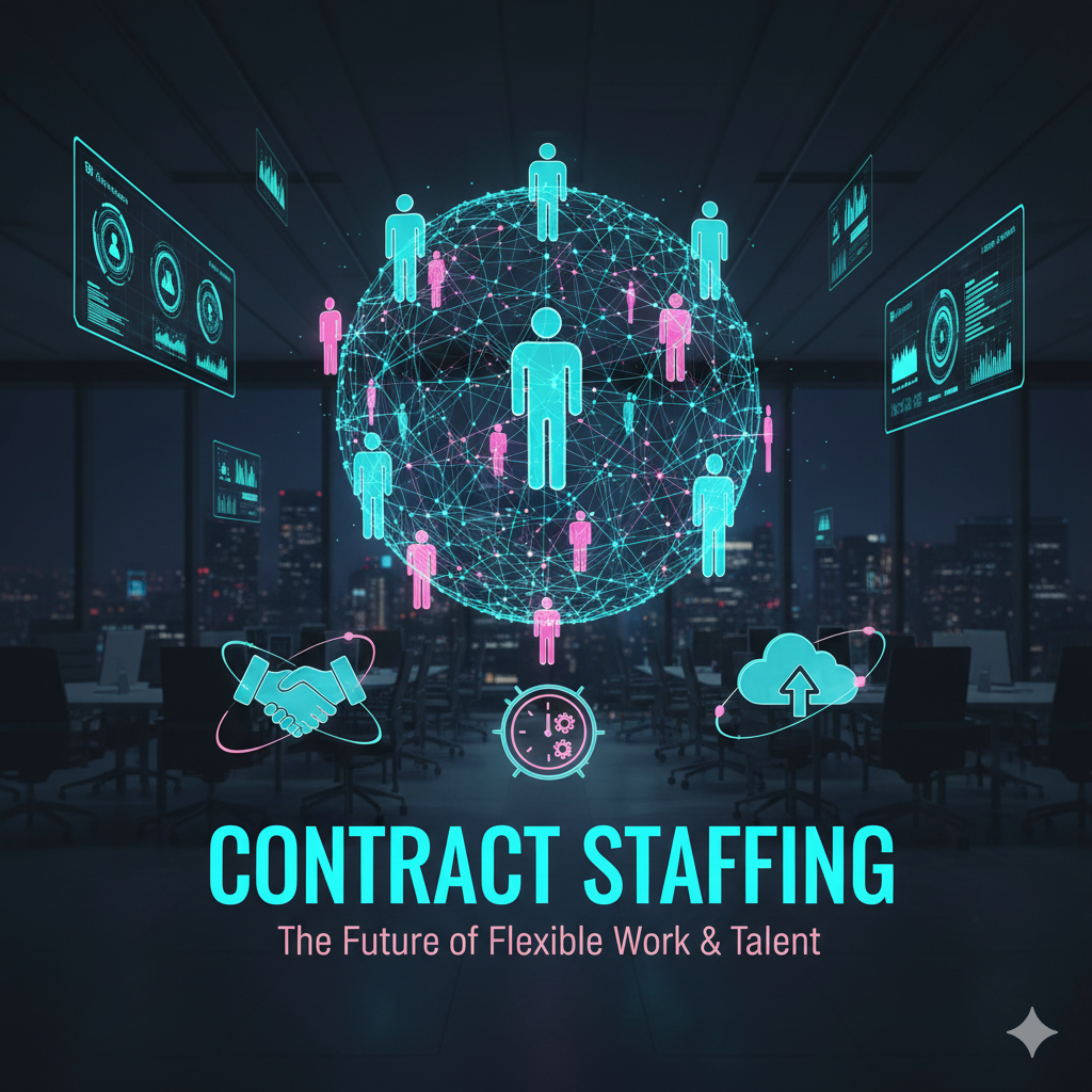 HR team reviewing contract staffing candidates in a modern office.