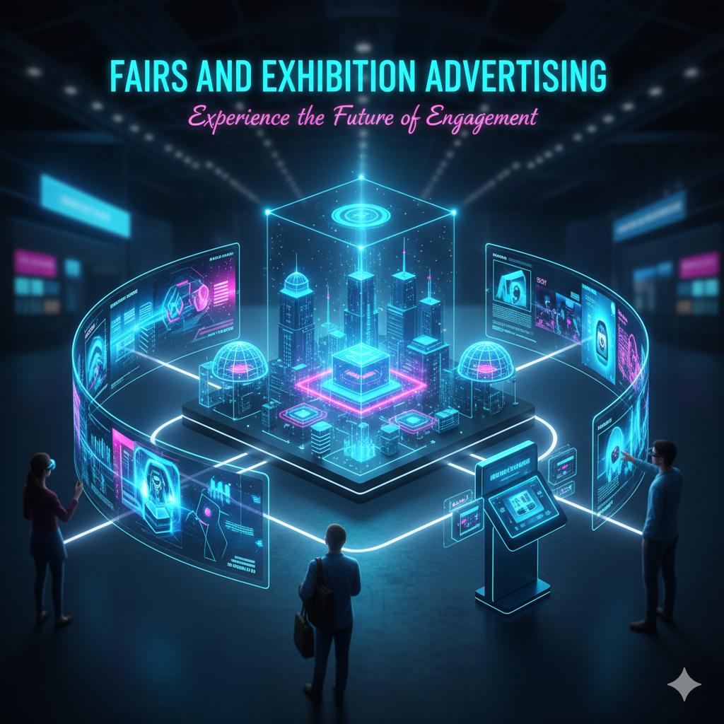 Exhibition booth with branded displays and visitors at a trade fair.