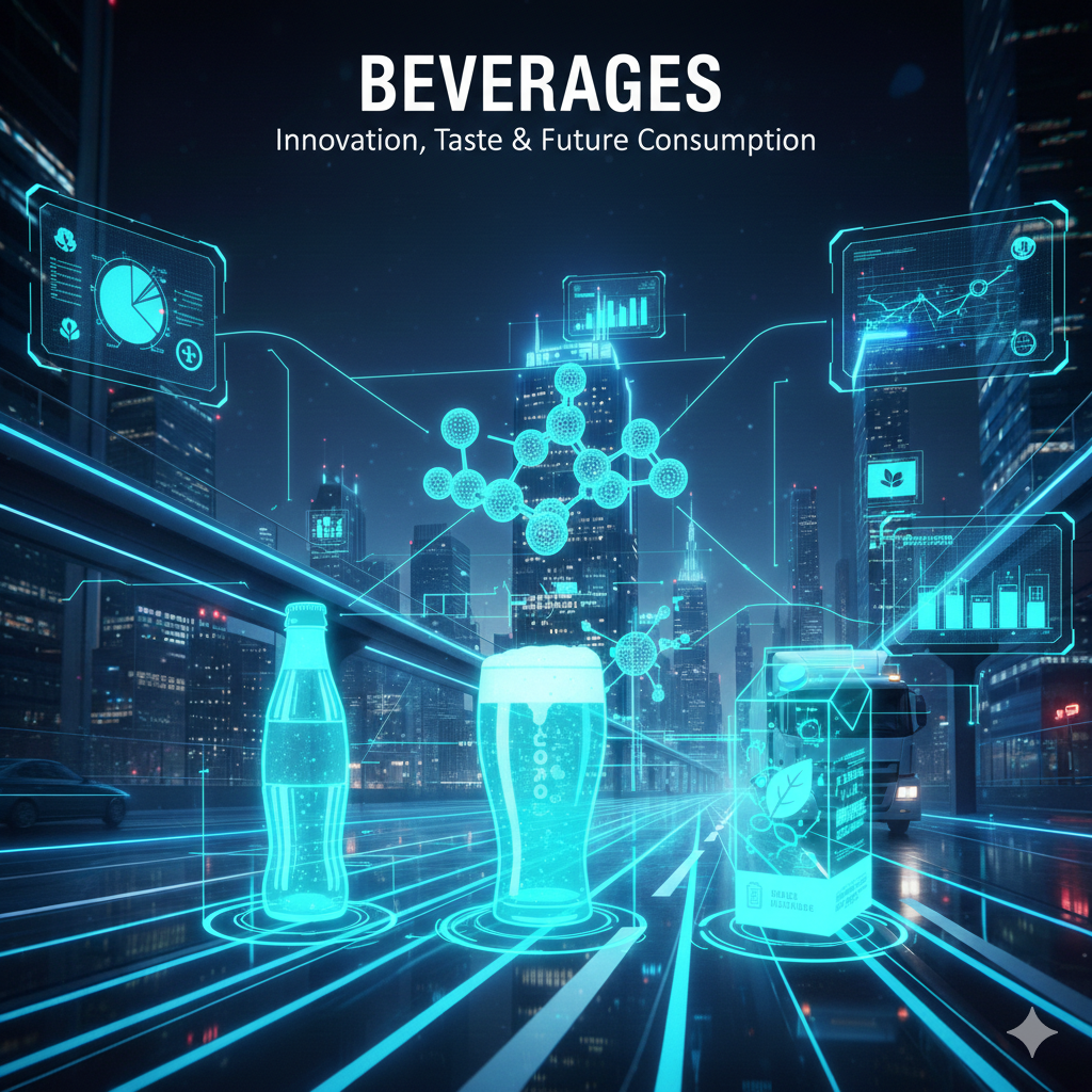 Modern beverages lineup including healthy drinks, juices, tea, coffee, and bottled water on display.