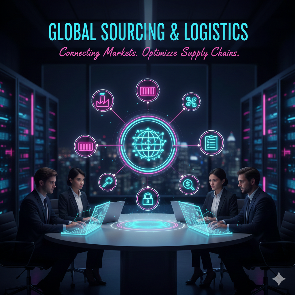 Global supply chain network connecting international suppliers and buyers.